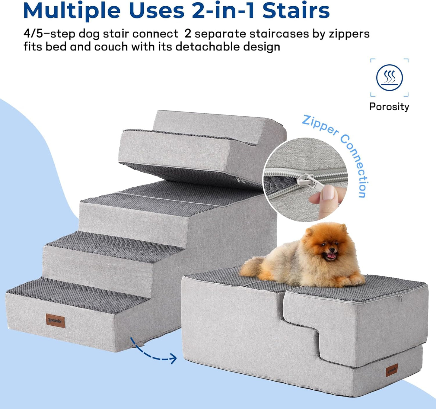 ZOMISIA Dog Ramp for Large Dogs - 24"H 5-Step Pet Stairs for High Beds with Tunnel, 2-in-1 Design with Zippers, Suitable for Indoor Cat Ladders with Non-Slip Bottom, Beige