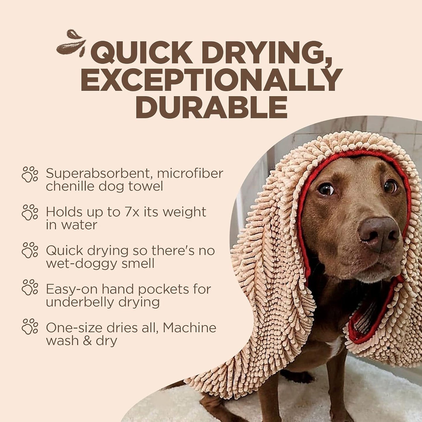 Soggy Doggy Super Shammy Dog Towel – Absorbent Microfiber Chenille Pet Towel for Drying Wet Dogs, Paws, Quick Dry Dog Shammy with Hand Pockets, Machine Washable – Chocolate/Oatmeal Trim, 31” x 14”