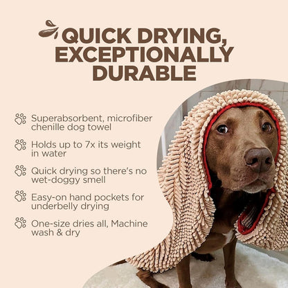 Soggy Doggy Super Shammy Dog Towel – Absorbent Microfiber Chenille Pet Towel for Drying Wet Dogs, Paws, Quick Dry Dog Shammy with Hand Pockets, Machine Washable – Chocolate/Oatmeal Trim, 31” x 14”