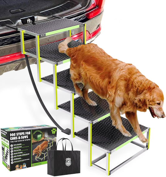 CreatureCops™ Dog Steps for Car | Glow-in-The-Dark, 175lb Support | Foldable, Non-Slip Dog Stairs for Large Dogs | Lightweight Aluminum with Carry Bag | 5 Steps for Car & Home