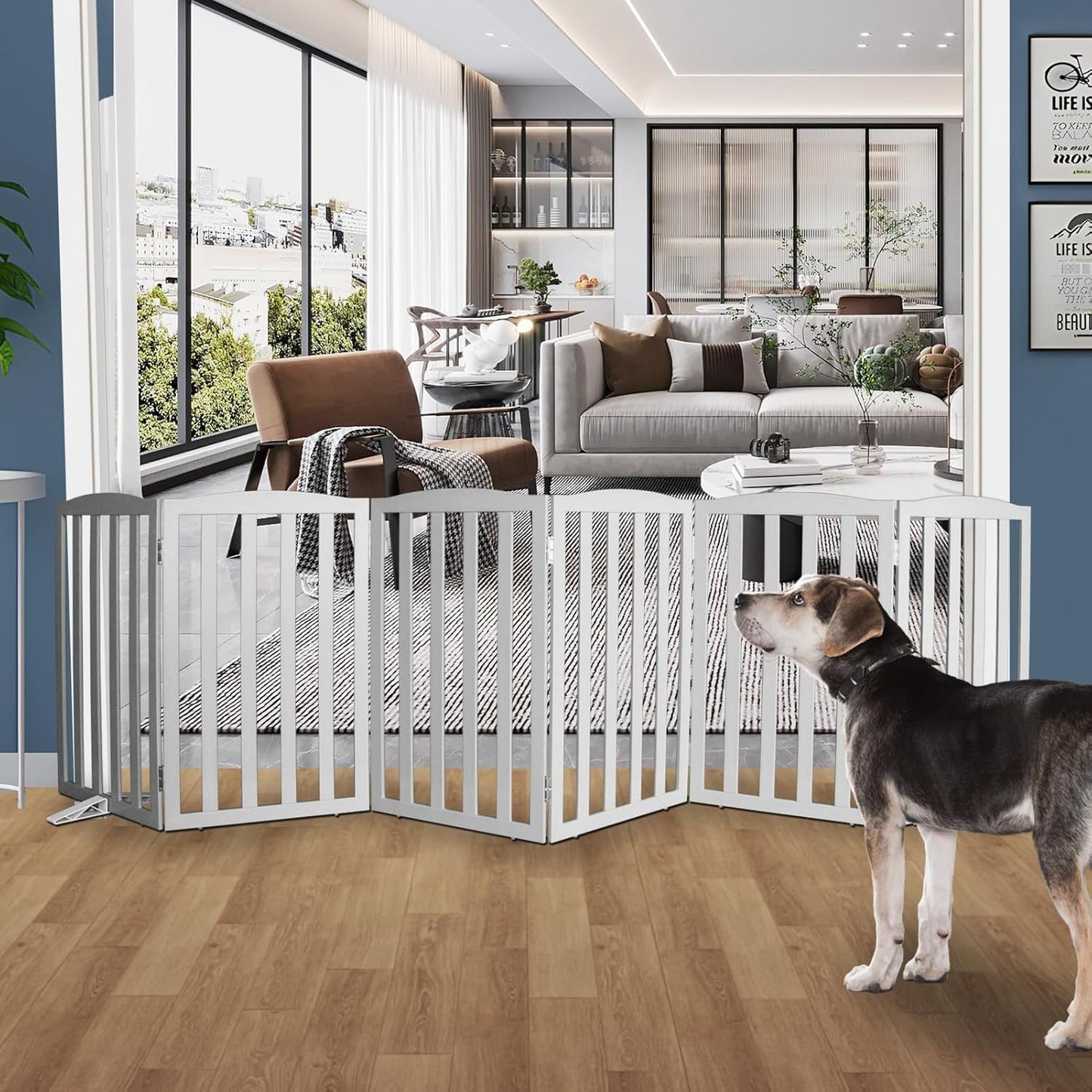 Freestanding Dog Gate Indoor,Doggie Gate Foldable Dog Gates for Doorways,Stairs or Hallways, Wooden White Pet Gate for the House, Pet Fence with Support Feet Included,24 "Height-4 Panels