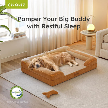 CWAWZ Extra Large Dog Bed, Orthopedic Dog Bed with Cooling Gel Memory Foam, Waterproof XL Pet Bed with Removable Washable Cover, 42" Pet Sofa Couch Dutch Velvet with Bone Toy, Light Gray