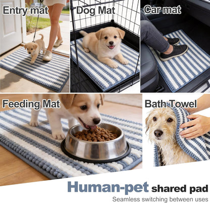 pobopobo Dog Door Mat for Muddy Paws - Absorbent & Washable Chenille Rug, Non-Slip Dirt Trapper for Indoor Outdoor Entryway, Quick Dry Pet Mat for Muddy Dogs (Striped Gray-Blue&White, 24" x 16")