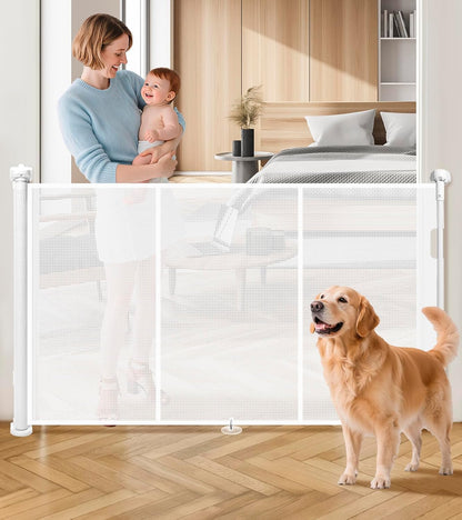 19.7ft Retractable Baby Gates Dog Gate - 236" Extra Wide Expandable Child Safety Gate,37" Tall Toddler Pet Mesh Gate with Reinforced Strips for Doorways,Stairs,Hallways,Outdoor & Indoor Large Openings