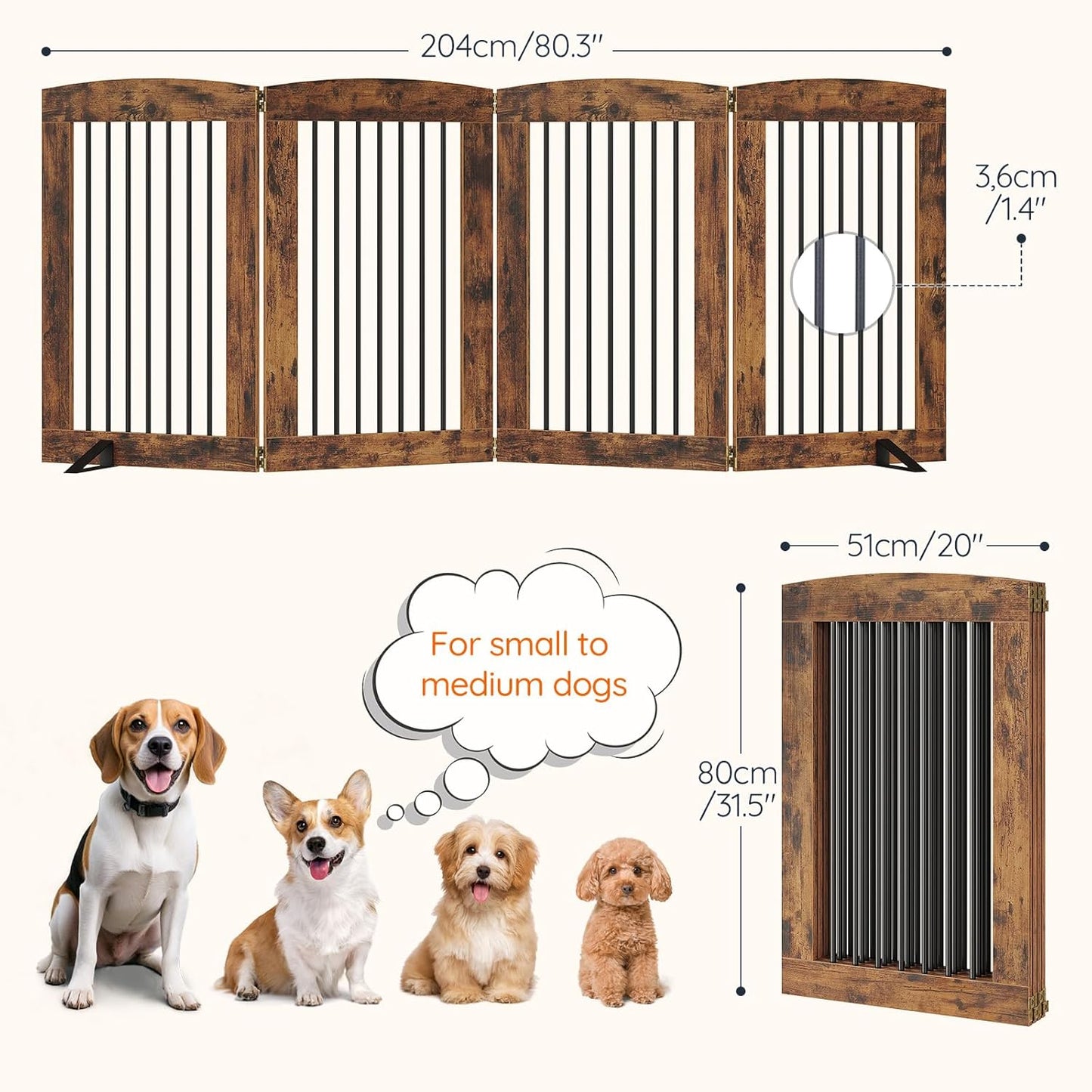 HOOBRO Indoor Dog Gate with Support Feet, Freestanding Pet Gate for Doorway, Stairs, 31.5 Inch 3 Panels, Folding Dog Fence, 360° Hinge for Easy Access, Sturdy Iron Pipe, Rustic Brown BF06PP03