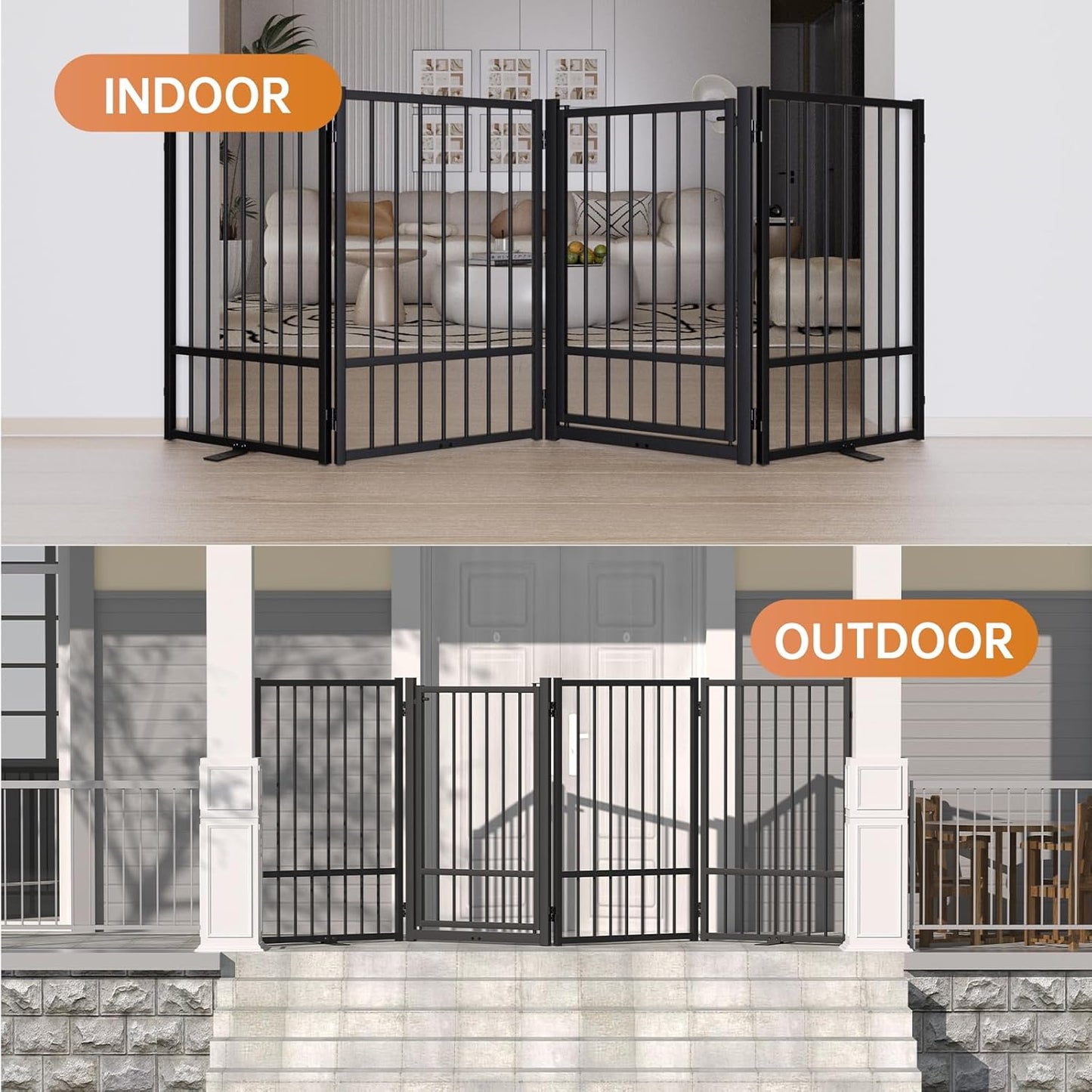 SNUOWU Full Metal Freestanding Dog Gate with Door, 32''Height Foldable Pet Dog Fence for Indoor & Outdoor, 4 Panels Extra Wide Free Standing TallDog Gates for Doorways,House,Stairs,Porch,Deck,Yard