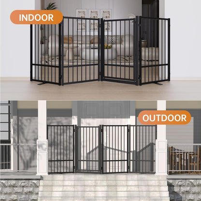 SNUOWU Full Metal Freestanding Dog Gate with Door, 32''Height Foldable Pet Dog Fence for Indoor & Outdoor, 4 Panels Extra Wide Free Standing TallDog Gates for Doorways,House,Stairs,Porch,Deck,Yard