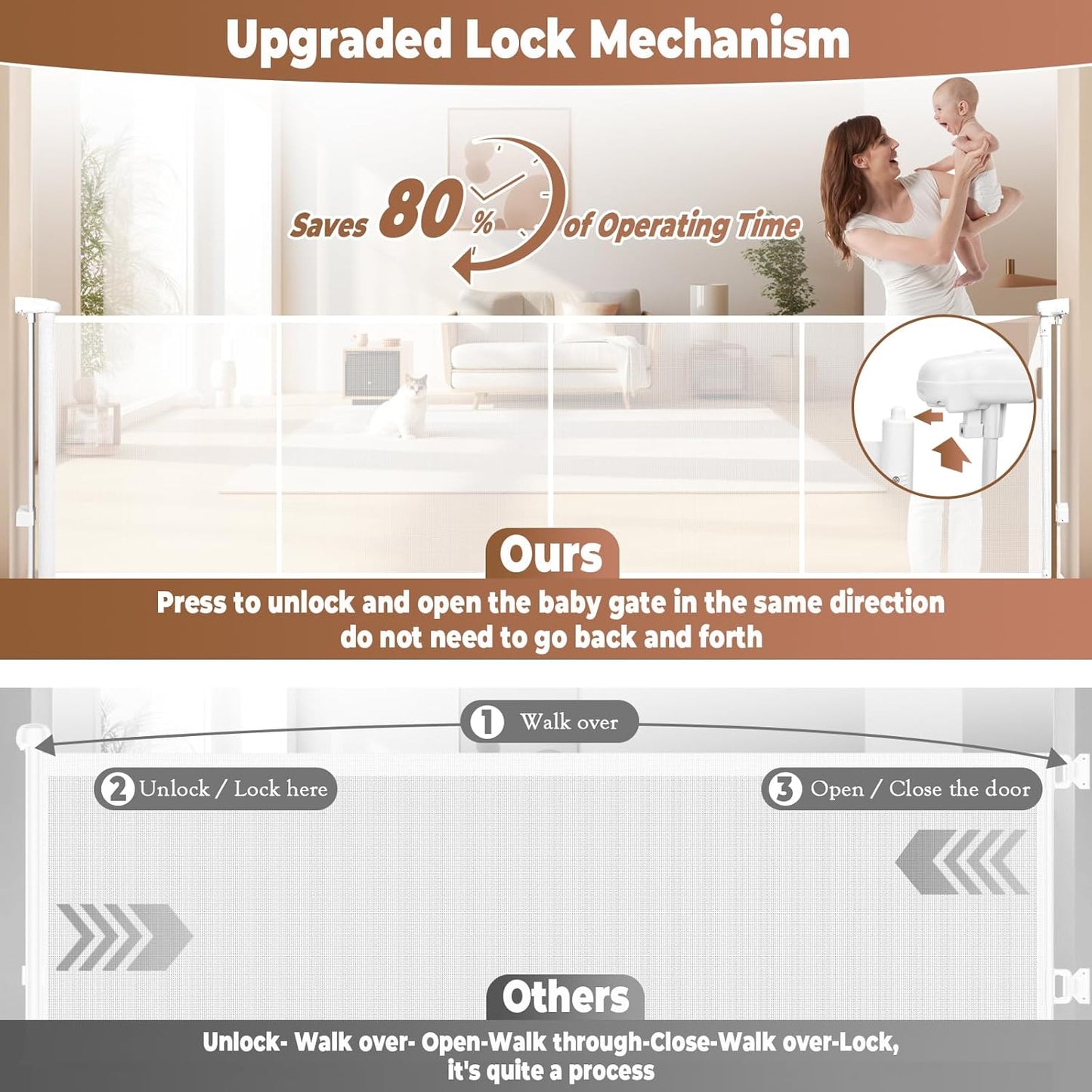 236" Retractable Baby Gate Extra Wide, 41" Tall Retractable Dog Gate for Stairs, Doorways, Decks, Mesh Gate Long Child Gate Pet Gate for Indoor, Outdoor, with Reinforced Mesh Rods, Dual Locks