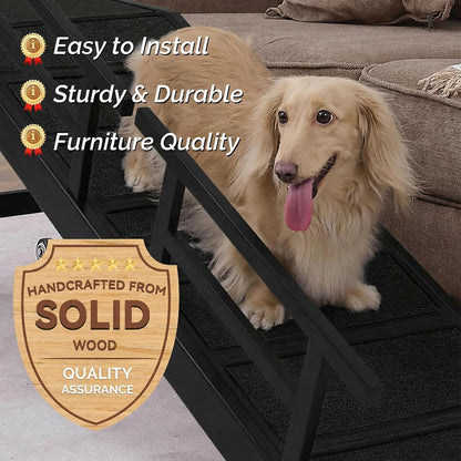 Dog Ramp for Bed or Couch, Wooden Pet Ramp with 20° Gentle Slope, Removable Side Rails, Non-Slip Surface, Top Platform & Wheels, Safe Bed Ramp for Small, Large & Senior Dogs, 60" Long, Mahogany
