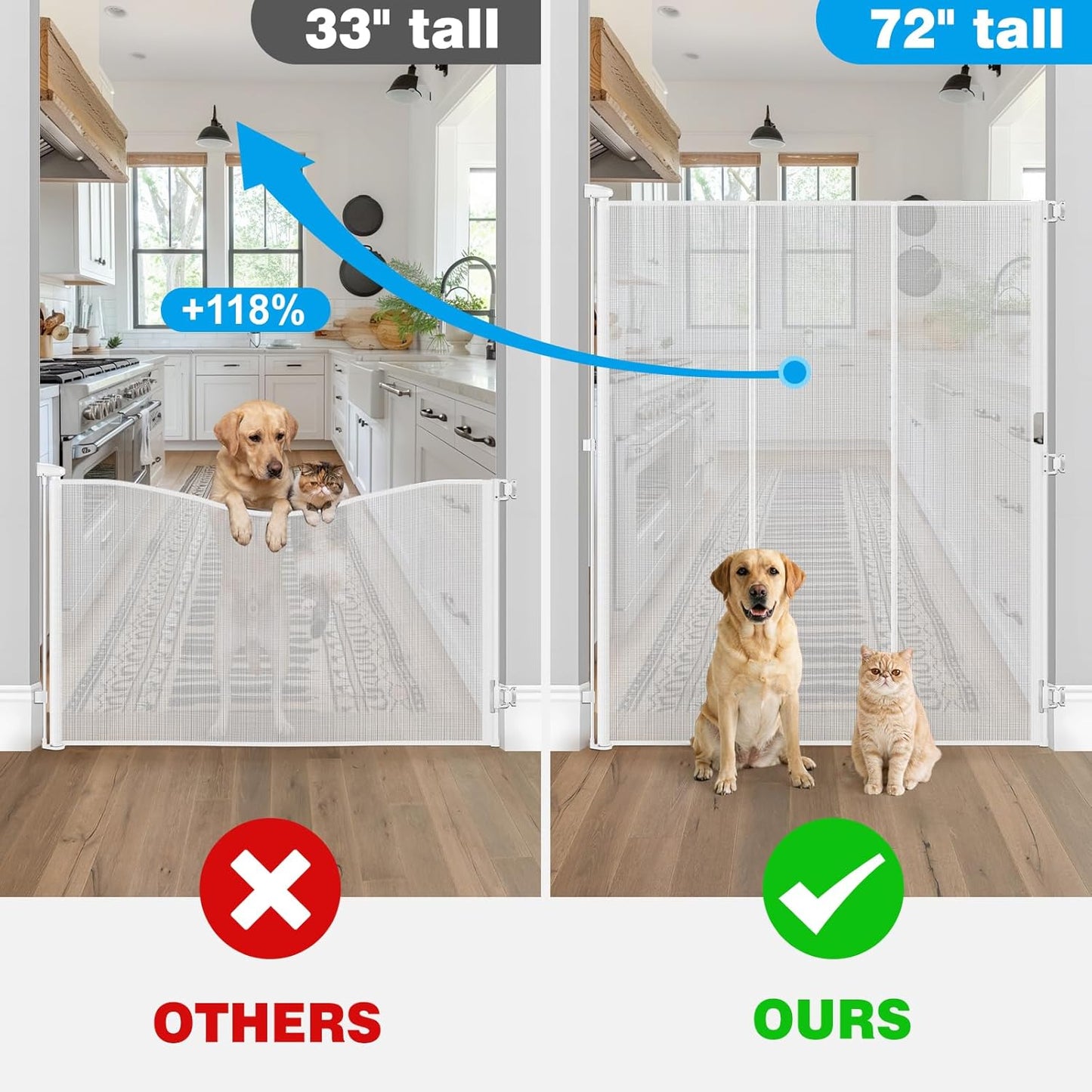 Reinforced 72" Extra Tall Pet Gate for Cat, Dog, Puppy & Baby, Jump-Resistant & Prevent Crawling Underneath Retractable Baby Gates, Fits 0-55" Width Safety Mesh Dog Gate, 6 Foot Extra Tall Cat Gate