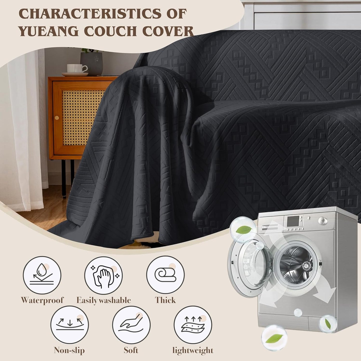 Waterproof Couch Cover, Reversible, Pet-Friendly, Washable and Anti-Slip Couch Covers for Sofa Protection with 3 Cushions, Sofa Slipcovers for Dogs and Cats (71×118in/Brown)