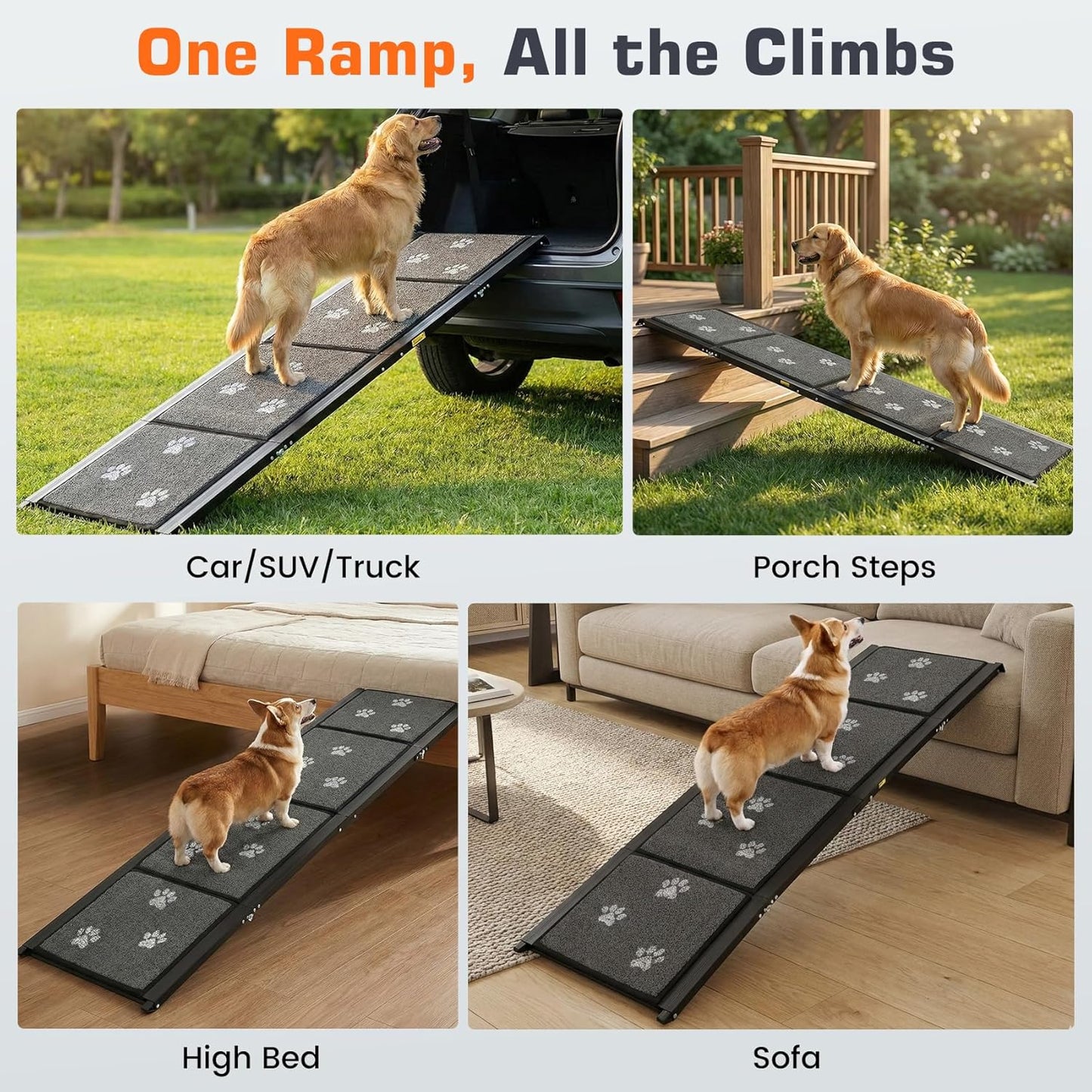 Dog Ramp for Car 63" L x 17" W Portable Ramps with Non-Slip Rug Surface Folding Pet Car Ramp for Truck/SUV & Stairs/Bed, Up to 250 LBS