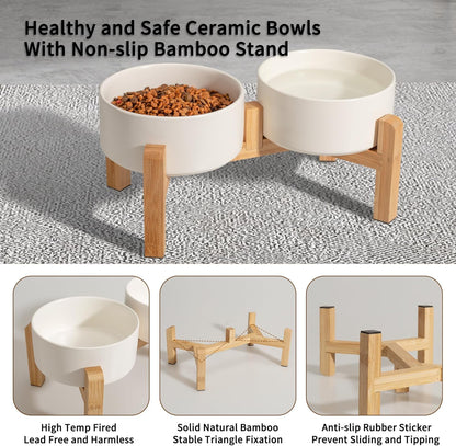 Elevated Ceramic Dog Bowl Set - Raised Dog Bowls with Non-Slip Bamboo Stand - Dog Food and Water Bowl Set - Double Dog Feeding Bowls - Suitable for Small and Medium Dogs - 28.74 OZ - 3.6 CUPS - 850 ML