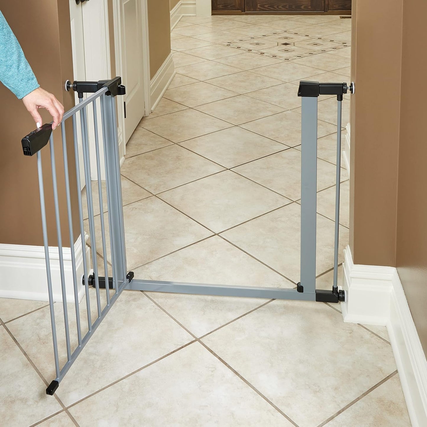MidWest Homes for Pets 39-Inch High Walk-thru Pressure Mounted Gray Steel Dog Gate, Expands to 38 Inches Wide, No Damage to Walls, Includes 3-inch Extensions, For Small to Medium Pets