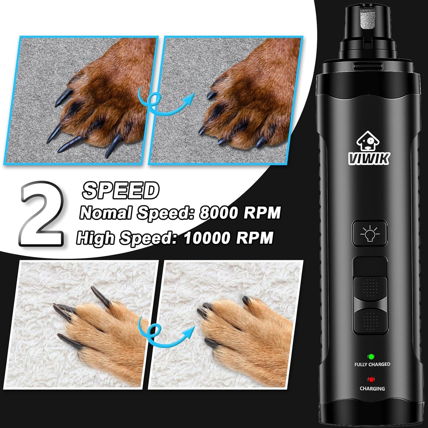 VIWIK Dog Nail Trimmers with Light, Cat Dog Nail Clippers, Dog Nail Grinder Quiet for Large Medium Small Dogs Paw & Cats Claw, Electric 2-Speed Pet Toenail Grooming Supplies, Gifts for Dog Lovers.