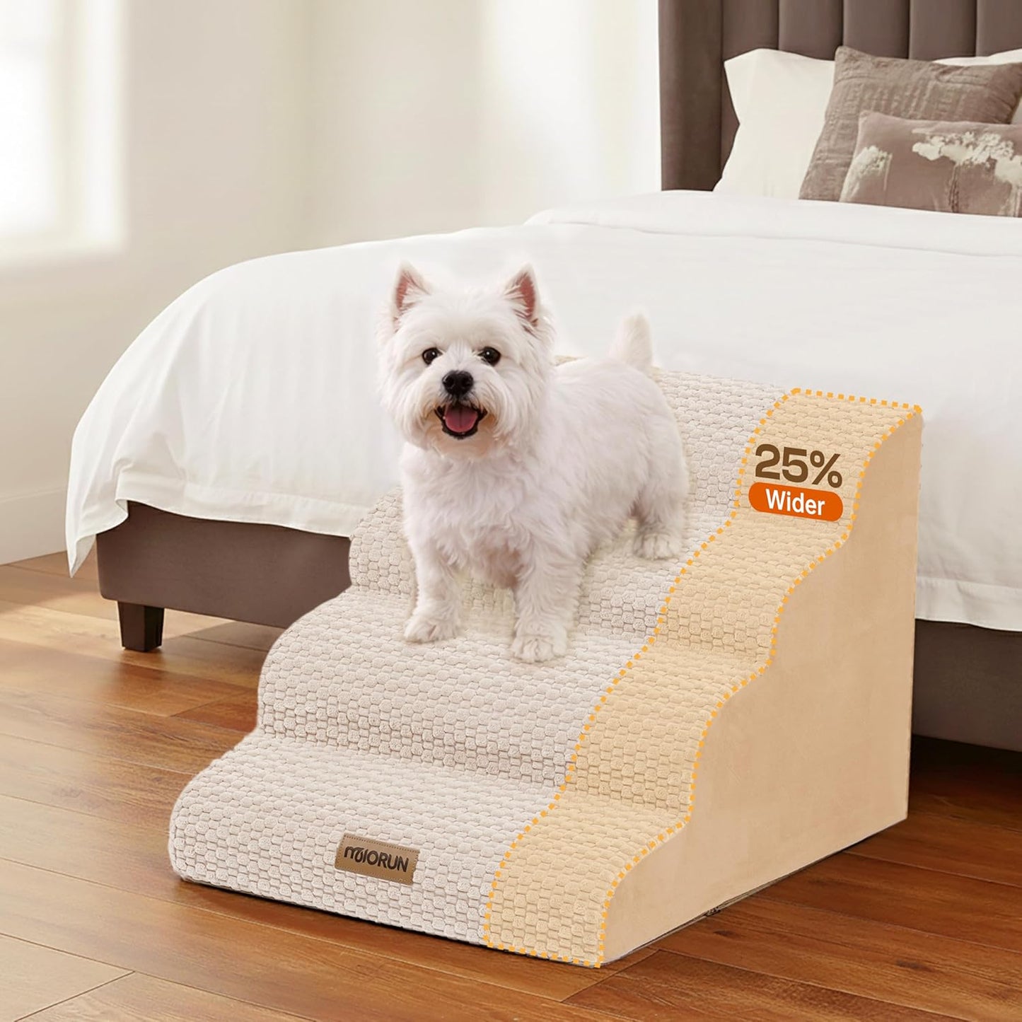 Extra Wide 4-Step Dog Stairs for Bed & Couch 18" H, More Stable Non-Slip Pet Steps with Balanced Foam Structure and Gentle Slopes, Stylish Indoor Dog Steps for Small & Medium Dogs, Gray