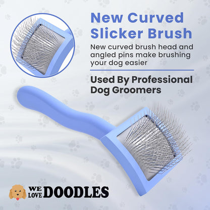 Slicker Brush for Dogs, Dog Grooming Supplies - Best Doodle & Poodle Brush for Haired Dogs - Goldendoodle Pin Detangler for Dematting (Medium Curved)