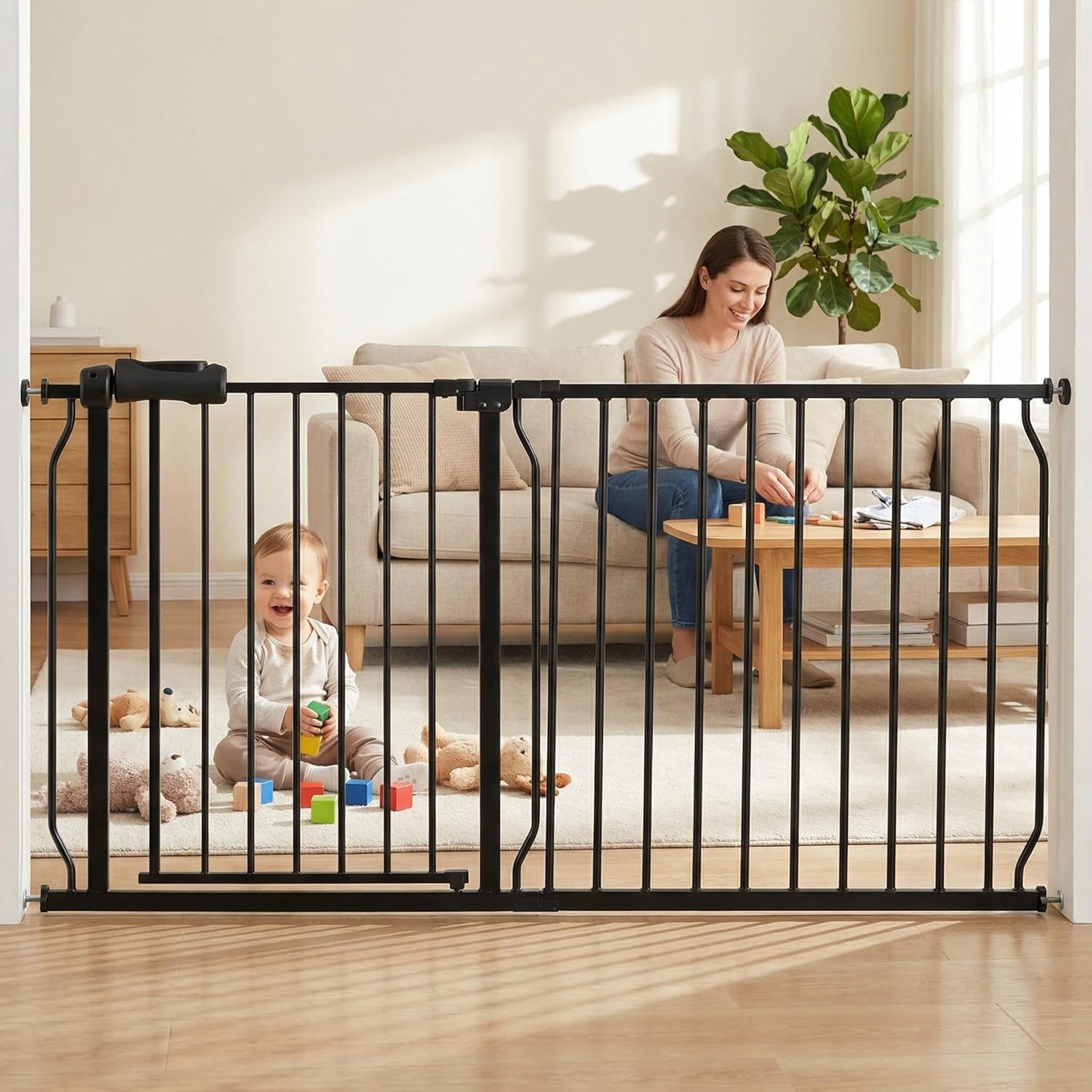 Extra Wide Baby Gate Tension Indoor Safety Gates Black Metal Large Pressure Mounted Pet Gate Walk Through Long Safety Dog Gate for The House Doorways Stairs (62.2"-66.93"/158-170CM, Black)