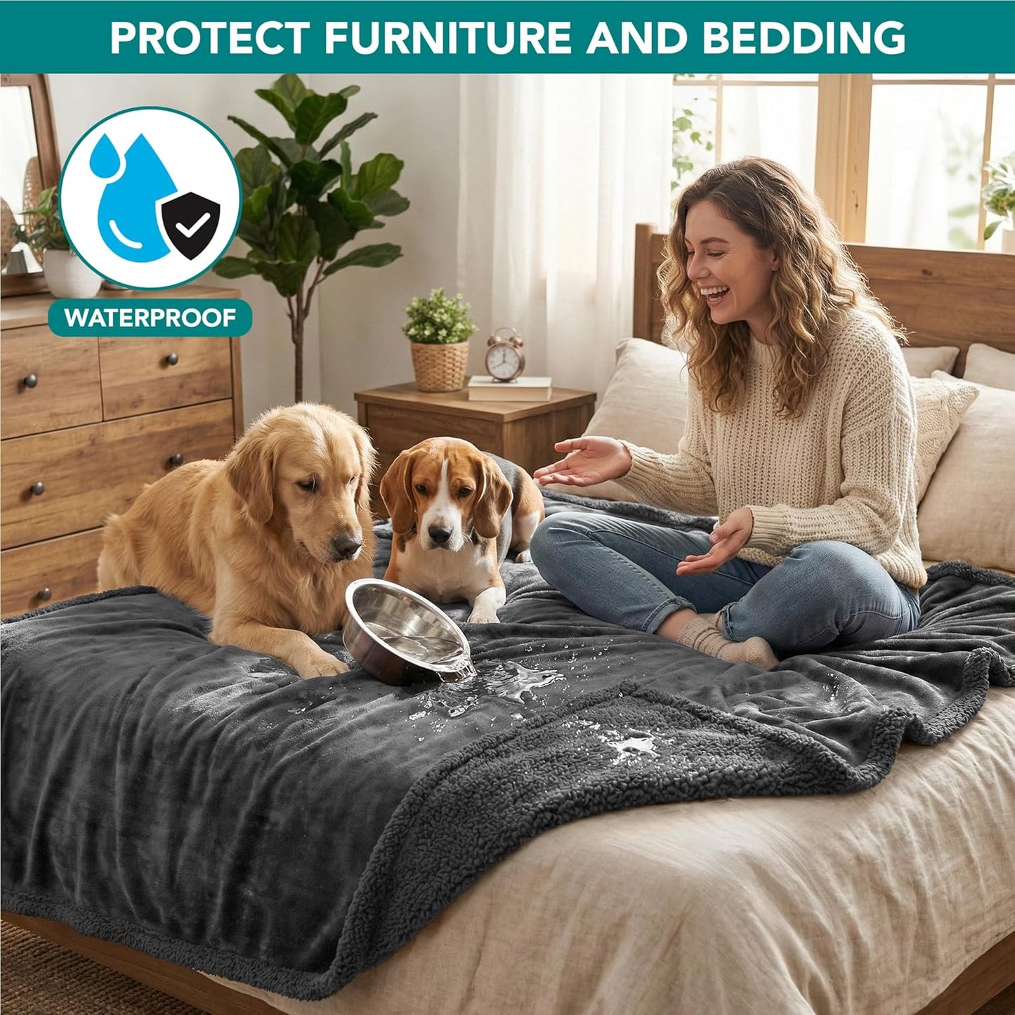 PetAmi Waterproof Dog Blanket for Couch, Large 60x40, Pee Proof Sherpa Fleece Reversible Pet Throw, Furniture Protector for Bed Sofa Kennel, Soft Washable Cover for Medium Dogs Cats, Grey Sherpa