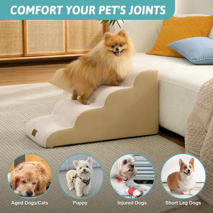 COZY KISS Dog Stairs for Small Dogs 15.7" H, 4-Step Sturdy Foam Dog Steps for Couch and Bed, Curved Pet Stairs for Puppy and Older Cat, Doggie Ladder with Washable Cover, 15.7x28.3x15.7 inch, Beige