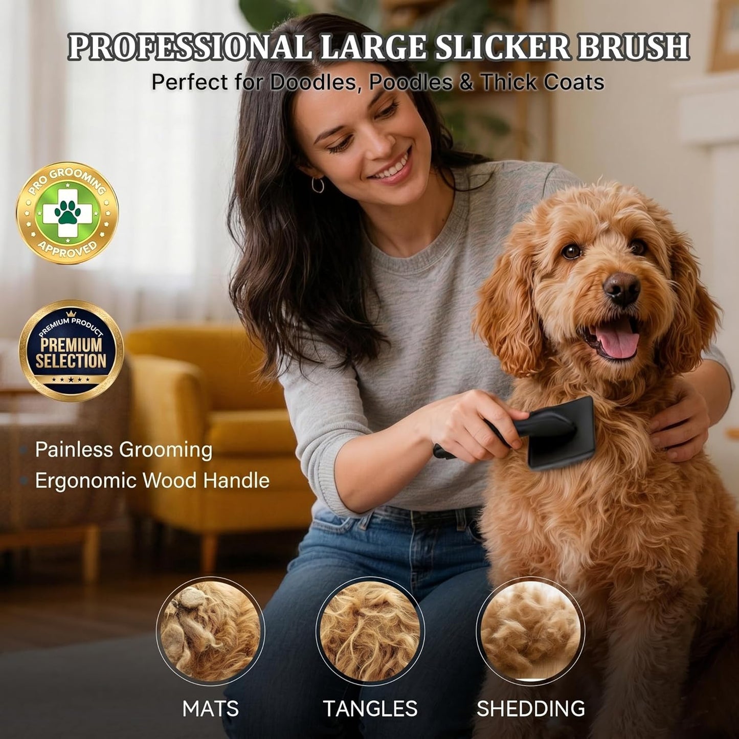 Slicker Brush for Dogs - 4-in-1 Wooden Dog Grooming Kit for Doodles & Poodles with Detangling Comb for Matted Hair & Bath Massage Set, Naturally