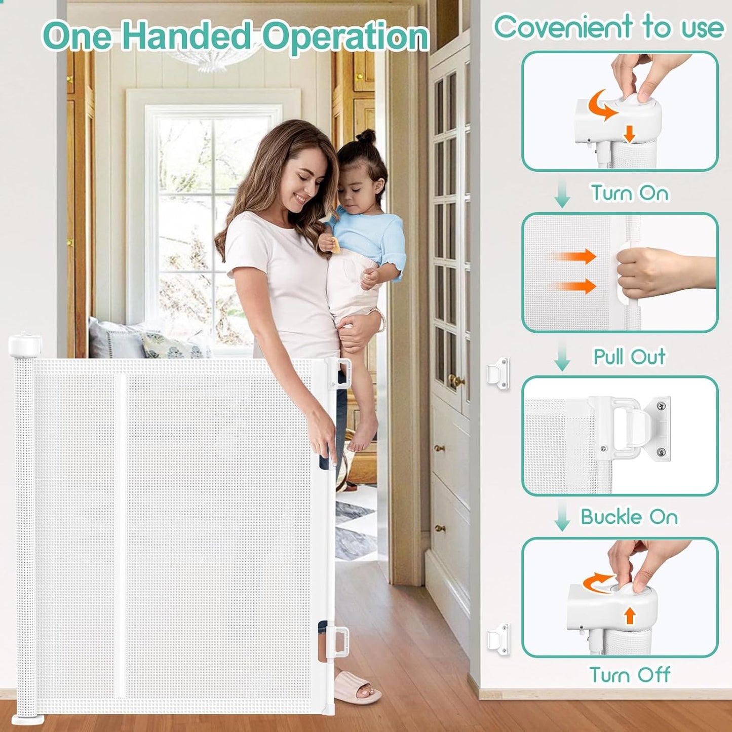 Upgrade 120 inch Retractable Baby Gates, EZIGO Extra Wide Baby Gate for Large Opening Extra Long Mesh Gate for Kids or Pet Dog Gate Child Safety Gate for Stairs Hallways Doorway Indoor Outdoor, Gray