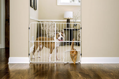 Carlson 18-30.75" Mini Expandable Dog Gate with Small Pet Door, Pressure Mounted Metal Indoor Pet Gate for Doorways & Bottom of Stairs, Cat Gate, White
