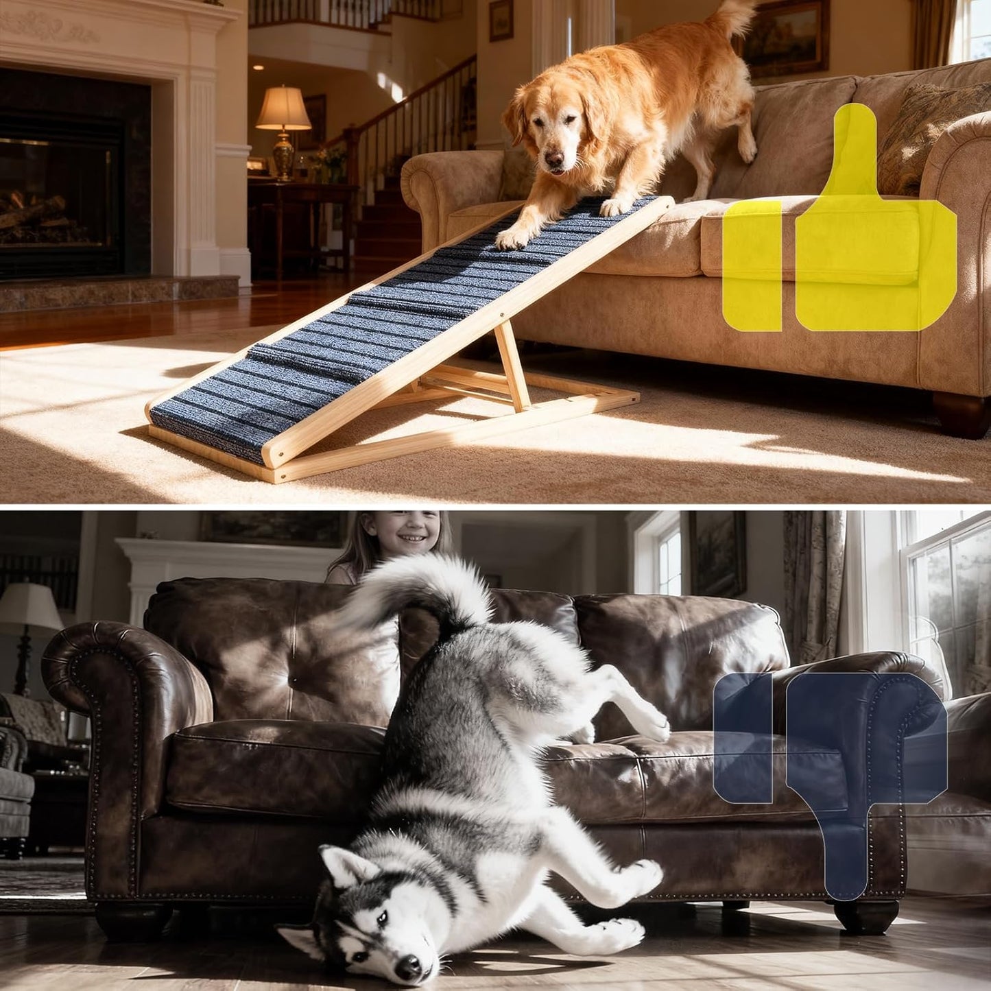 Adjustable Wooden Dog Ramp for Small & Medium Dogs, 27.6" Long x 11.8" Wide Portable Pet Ramp for Bed, Couch, Sofa & Car, Anti-Slip Carpet, Lightweight Foldable Indoor Outdoor Travel Dog Ramp