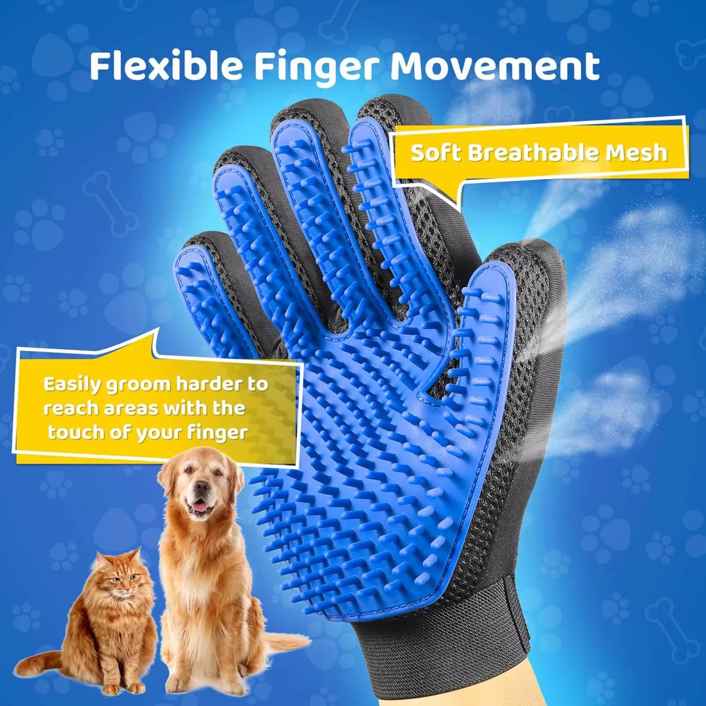 Silicone Pet Grooming Glove – 5-Finger Deshedding & Massage Mitt for Dogs & Cats – Wet & Dry Hair Removal Glove with Adjustable Strap (Right Hand), Blue