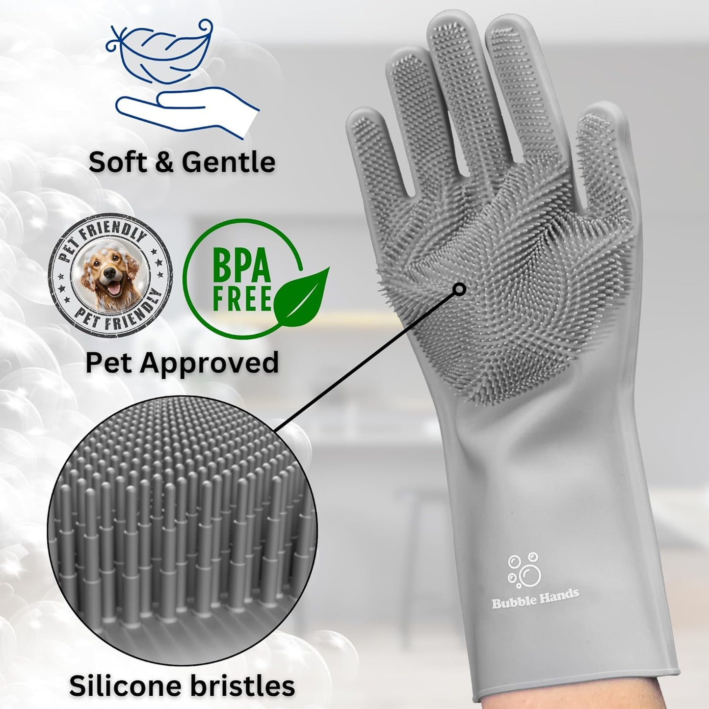 Dog Washing Gloves with Bristle Scrubbers, Reusable Silicone Gloves Ideal for Pet Bathing, Massaging & Grooming (Gray)