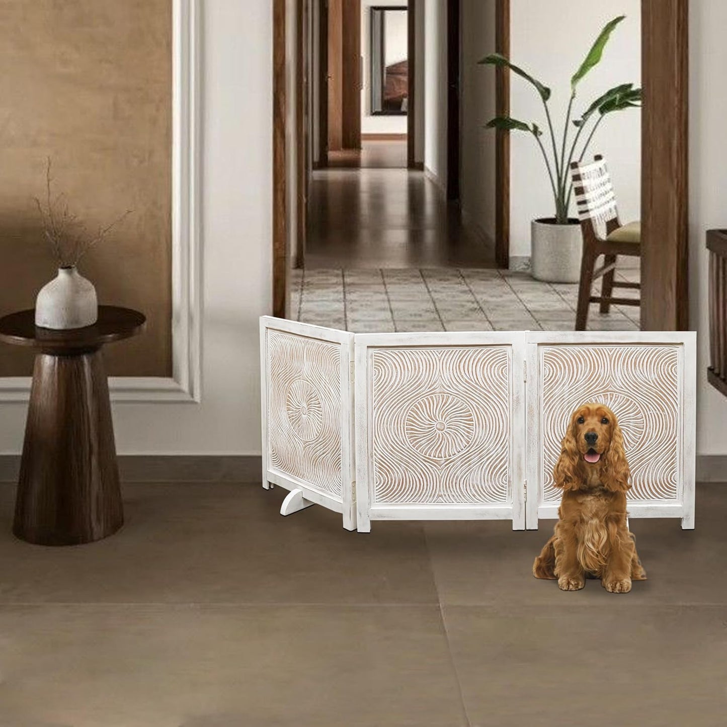 Freestanding Pet Gate for Dogs, Foldable Wooden Dog Gate for House, Indoor Dog Gate for Stair, Doorway, House Design Gates for Dogs Indoor, 72 Inch Wide, (18" x4 Panels 72 inch), Burnt Finish