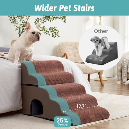 COZY KISS Extra Wide Dog Stairs with Tunnel, Foam Detachable Large Dog Step for Small Pet, Puppy or Cats, Medium Pet Ramp for High Bed, Couch, Sofa or Car, 19.7x33x22.4 inch, 5 Step, Beige