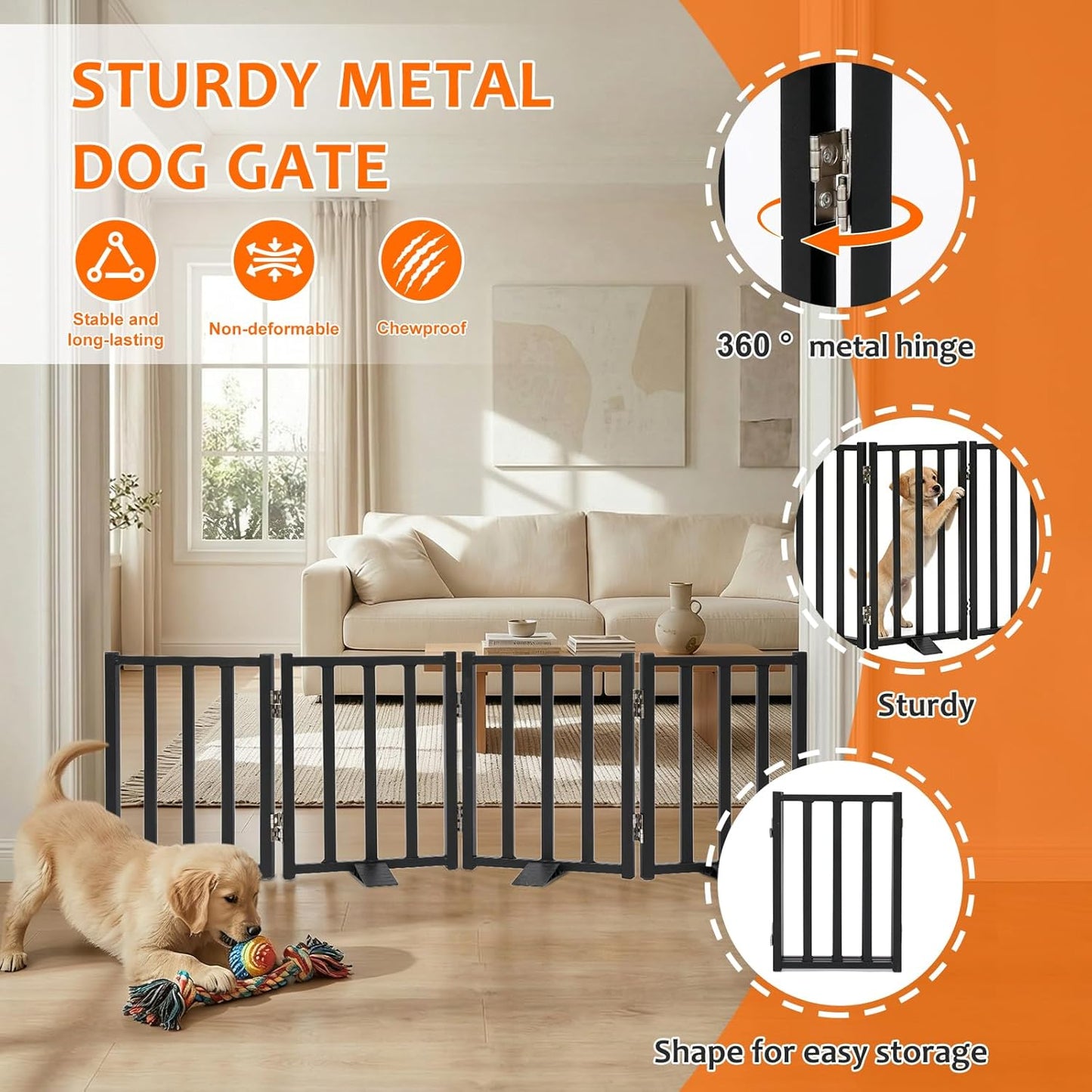 Snagle Paw Short Dog Gate,16.5" Tall Freestanding Metal Dog Gate Only for Small Dogs with Support Feet Easily Step Over,Up to 48" Wide Puppy Gate Indoor for Stairs,Doorways(Black,4 Panel)