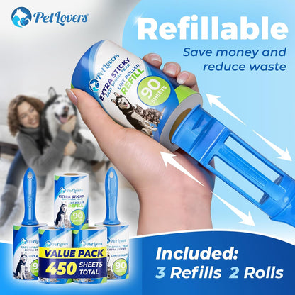 PetLovers Extra Sticky Lint Roller Mega Value Set 600 Sheets for Pet Hair Removal, Dog and Cat Lint Remover 6 Pack