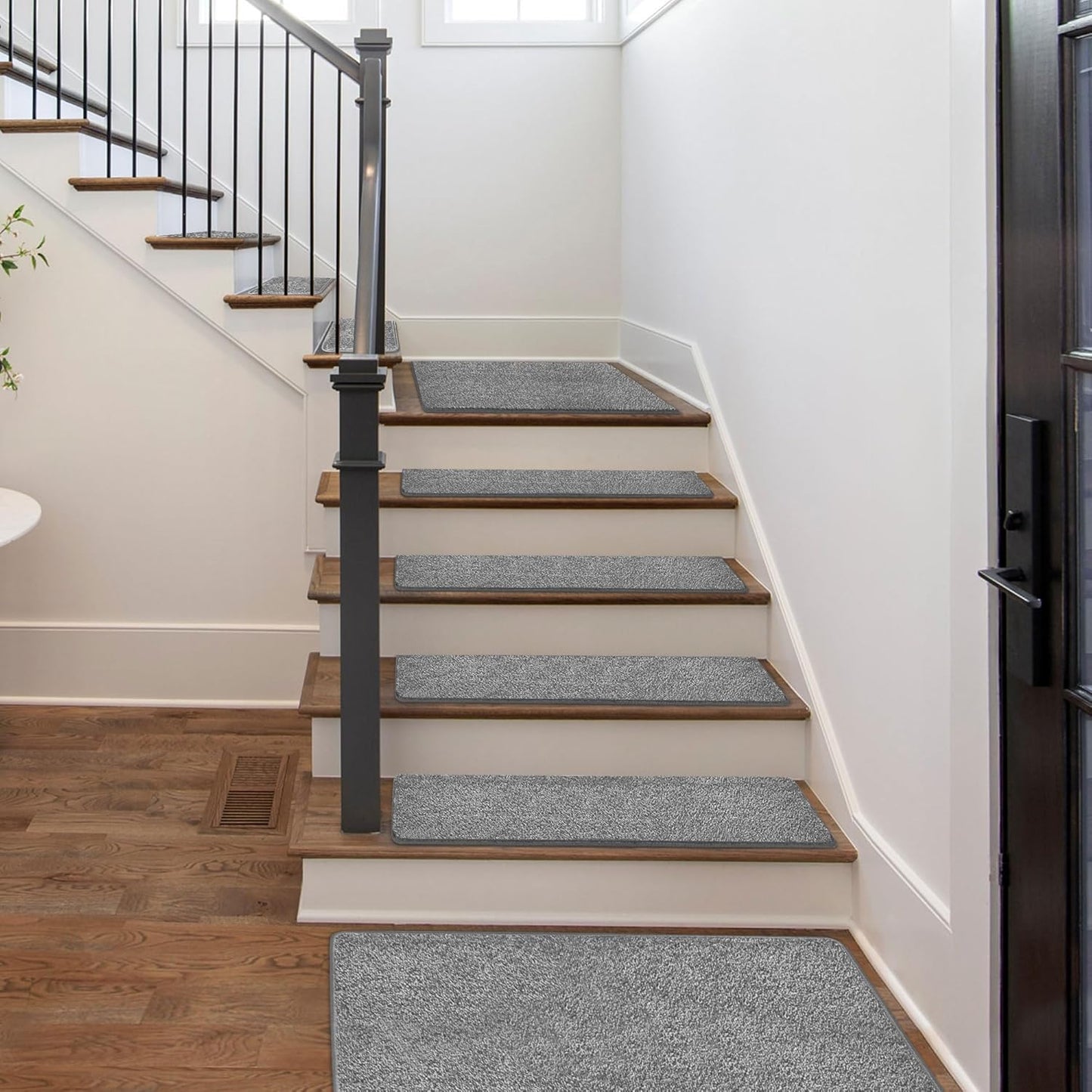 PURE ERA Bullnose Carpet Stair Treads Set Tape Free Non-Slip Indoor Stair Protectors Pet Friendly Rugs Covers Soft Skid Resistant Washable Reusable 9.5" x 30"(14 Pieces,Cream Gray)