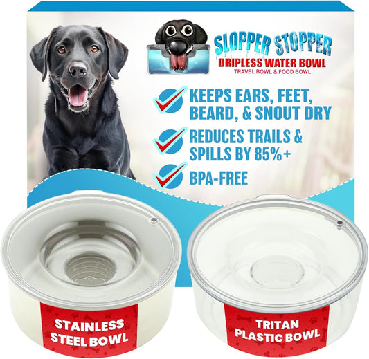 Slopper Stopper Stainless Steel Dripless Water Bowl with Tritan Plastic Lid – Holds 1 Gal, Reduces Spills & Trails Up to 85%+, Water Bowl for Large Breed Dogs (51-85 lbs), The Original Slobber Stopper