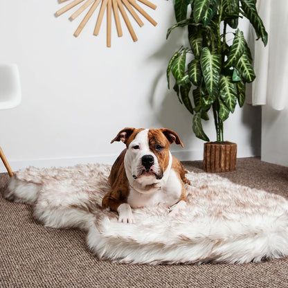 IHAPPYDOG Luxury Faux Fur Orthopedic Dog Bed, Memory Foam Dog Bed for Small, Medium, Large and XL Pets, Fluffy Pet Bed with Waterproof and Washable Cover (White w/Brown Tips, 50"x30")