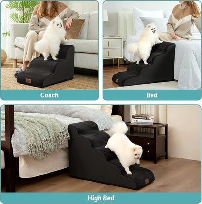 COZY KISS Dog Stairs for Small Dogs 15.7" H, Curved Dog Step for Puppy, Older Cat, Medium Pet Ramp for Sofa, Couch or Chair, Ladder with High Density Foam, 3 Step, 15.7x22.4x15.7 inch, Beige