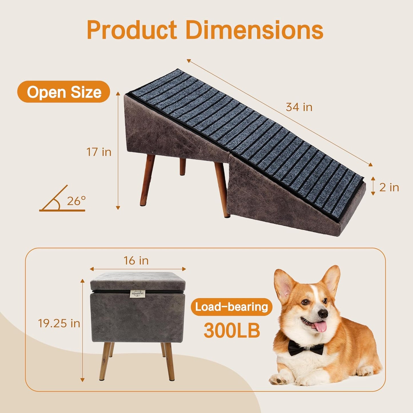 Dog Stairs for High Bed, 2-in-1 Ottoman Dog Stairs, 21 Inch Working Height, 6 Steps and Non-Slip Design for Large Dogs, Wooden Pet Furniture