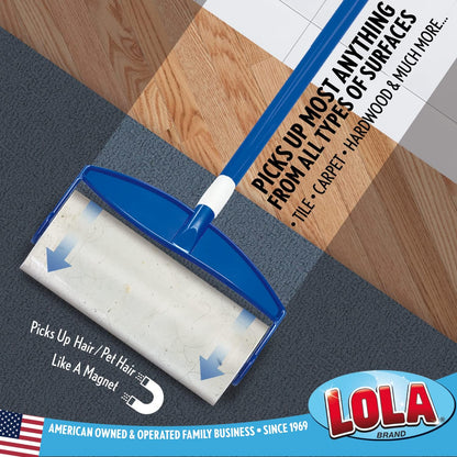 LOLA Rola PET Hair Remover Sticky Mop, Giant Floor Lint Roller, 9" x 3.5", Aluminum Handle, Largest Head, Traps Hair, Dust, Dirt, Extra Sticky Sheets