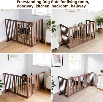 ZJSF Freestanding Indoor Dog Gate for House Foldable Wood Puppy Gate for Doorways Pet Gate for Stairs Extra Wide Pet Fence, Brown, 24" Height 3 Panels