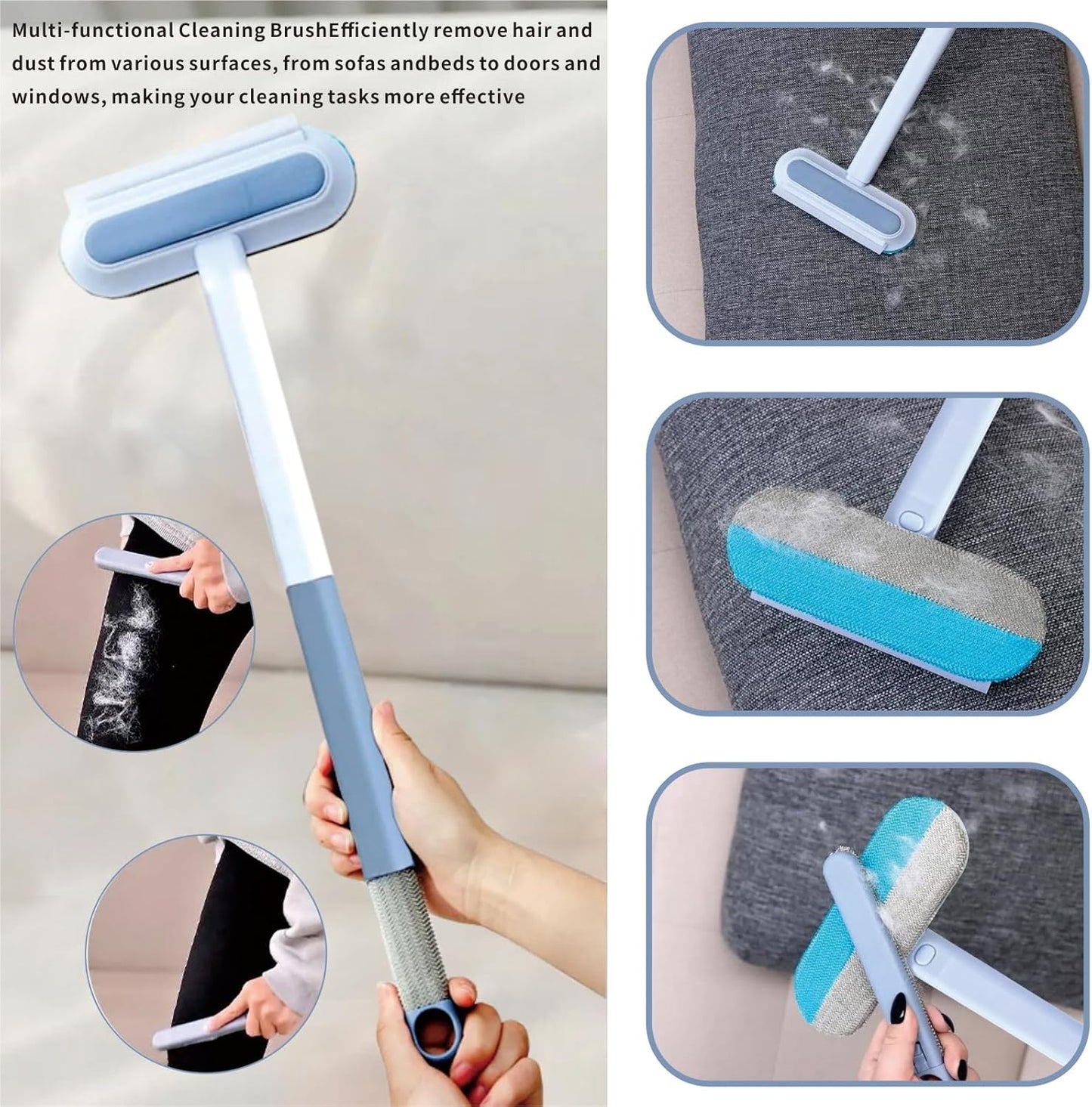 4 in 1 Pet Hair Remover Tool, Grey, 23.3Inch Adjustable Long Handle, Reusable, Washable Lint Cleaner for Dog and Cat Hair, Gentle on Furniture, for Couch, Furniture, Carpet, Clothes, Bedding