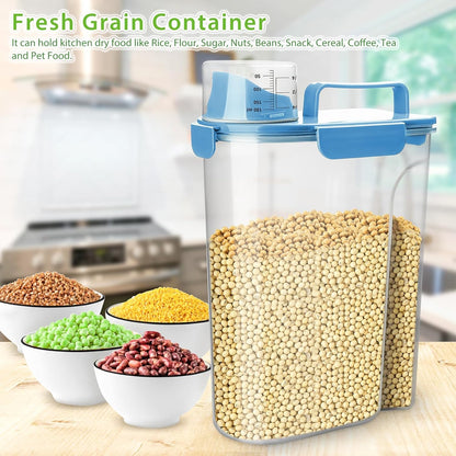 Viretec Rice Airtight Storage Container, 3 to 5Lbs Cereal Dry Food Flour Bin, Pet Dog Cat Food Dispenser with Measuring Cup, BPA Free Clear Plastic Kitchen and Pantry Organization Bin for Sugar