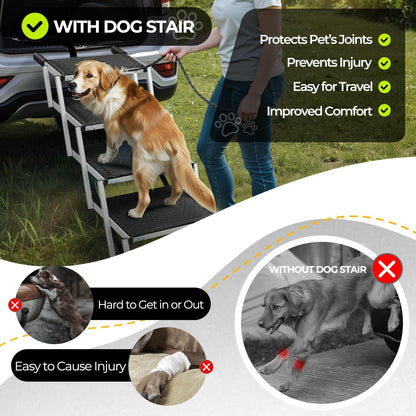 Auto Dynasty Dog Stairs for Car - 4 Steps Wide 31.4in High 25in Foldable Dog Ramp for Car Non-Slip Surface Support up to 150lbs - Suitable for SUV,Truck, Sofas, Bed/Couch