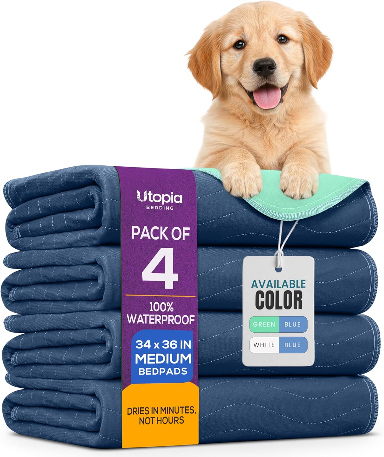 Utopia Bedding Washable Pee Pads for Dogs 34" x 36" (Pack of 4), Waterproof Incontinence Bed Pads for Adults, Elderly and Kids, Heavy Absorbency Pet Training Pads for Sofa and Couch (Green, Blue)