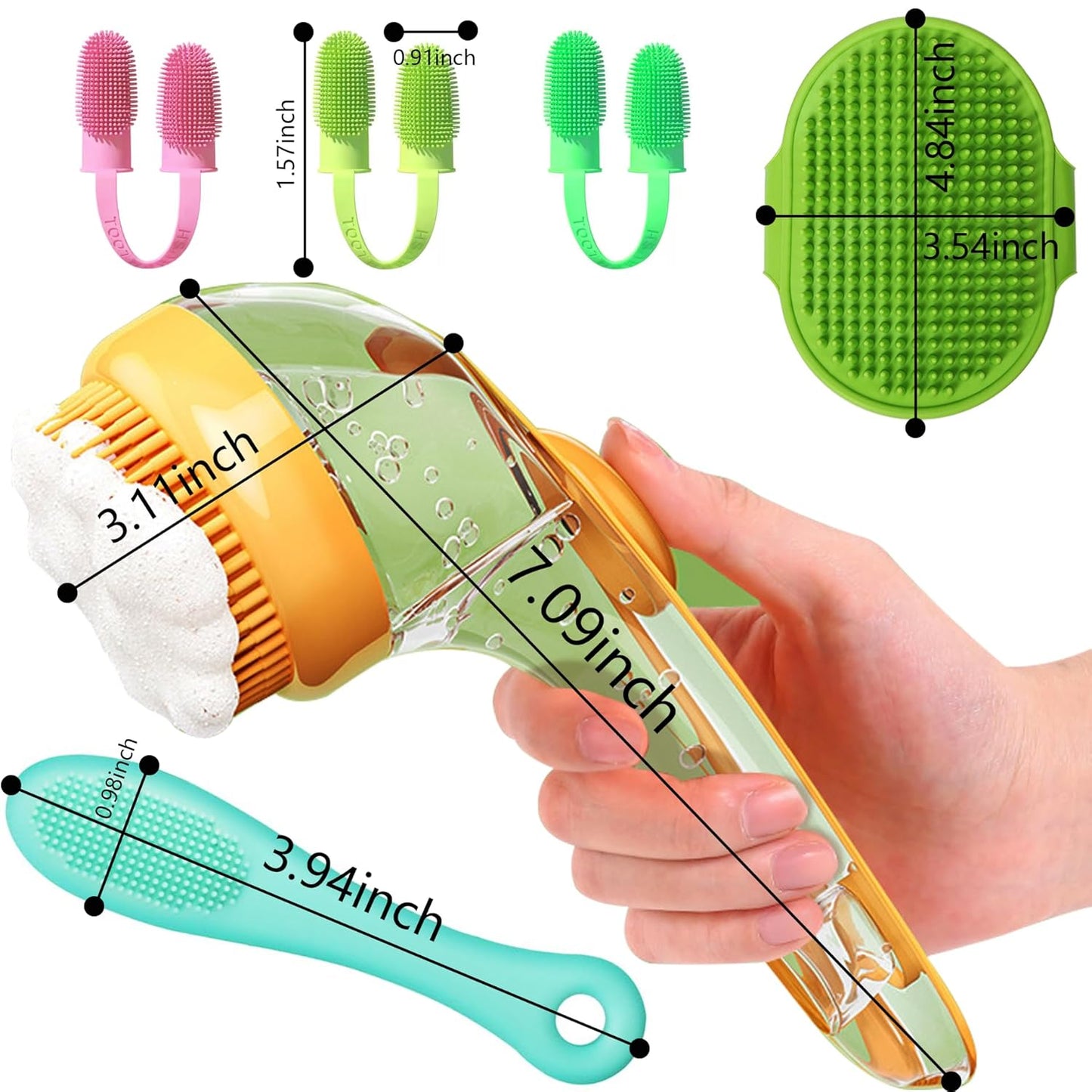 6Pcs Dog Bath Brush Set with Soap Dispenser - Cat Brush & Dog Toothbrush Kit | Silicone Pet Bathing Supplies for Washing, Shower & Shedding | Includes Finger Toothbrush, Scrubber for Small Breed