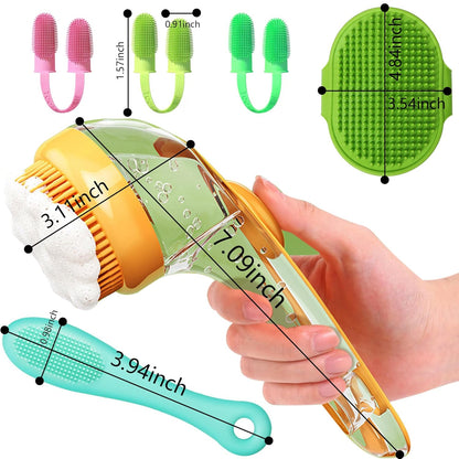 6Pcs Dog Bath Brush Set with Soap Dispenser - Cat Brush & Dog Toothbrush Kit | Silicone Pet Bathing Supplies for Washing, Shower & Shedding | Includes Finger Toothbrush, Scrubber for Small Breed