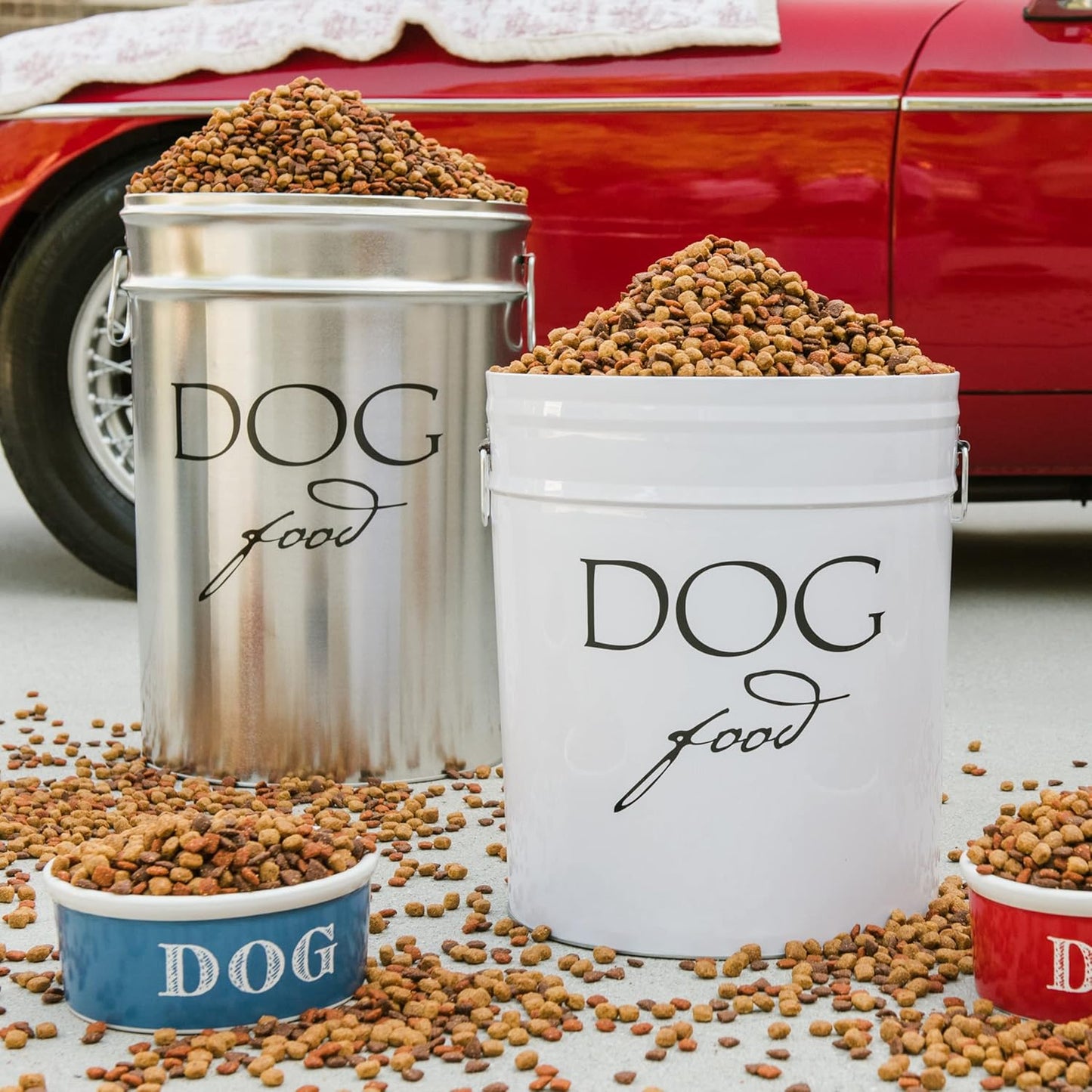 Harry Barker Bon Chien Dog Food Storage Canister – Large 11 gallon, Airtight Stainless Steel Pet Food Container, Stylish Kitchen Counter Dog Kibble Storage with Easy-Open Lid - White