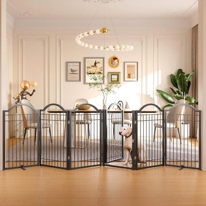 BHG Metal No-Assembly Freestanding Dog Gate with Door Walk Through, Extra Wide 144", Extra Tall 32" Pet Gate, Accordion Puppy Folding Playpen Dog Fence, with 2PCS Support (Black, 6 panesl)
