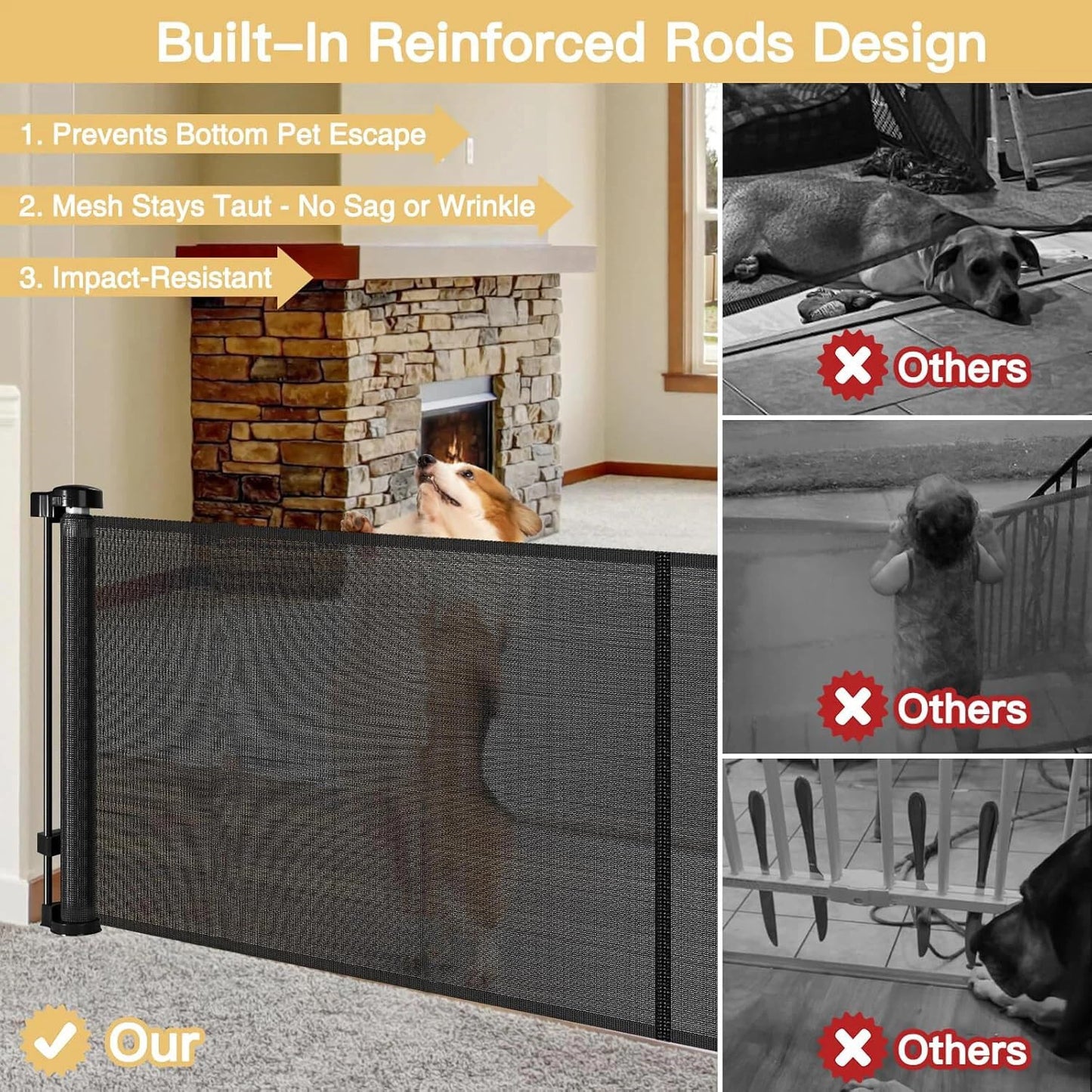 Reinforced 28 Inch Tall Retractable Baby Gates for Dogs, Easy Step Over Pet Gate with Support Rods, 55" Wide Retractable Dog Gate, Puppy Gates for The House Short Dog Gate for Stairs, Doorways, White